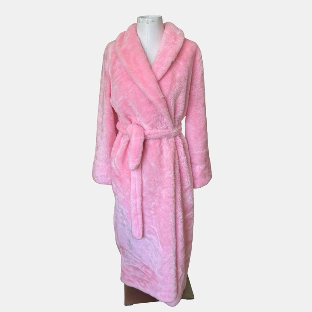 Vintage 60s Borg Fabric Pink Plush Robe Women's M Hollywood Glam Retro Coquette